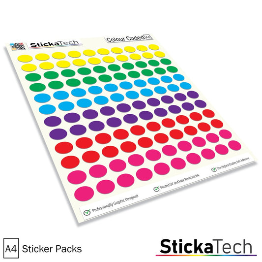 a pack of round stickers with 6 different colours on them