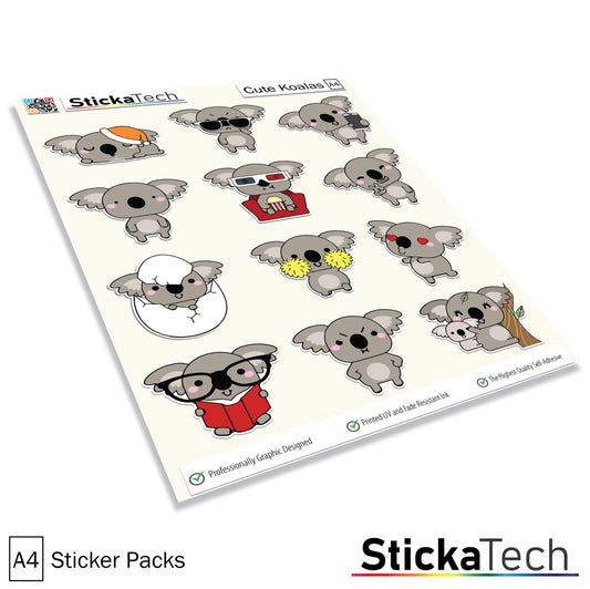 a pack of stickers with cute koalas doing different activities
