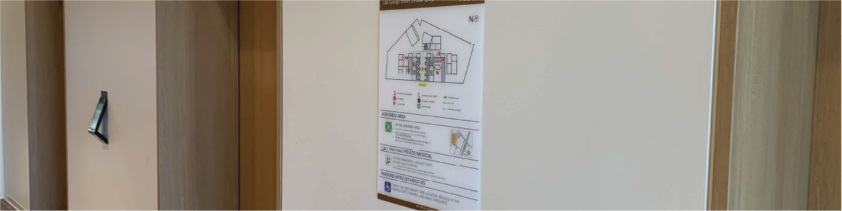 Wayfinding and evacuation map signage for offices and buildings